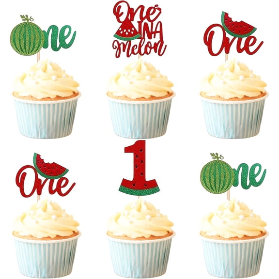 Red Green Glitter One In A Melon Watermelon 1st Birthday Cupcake Toppers 12 Count Summer Fruit Baby Girl First Birthday Cupcake Picks