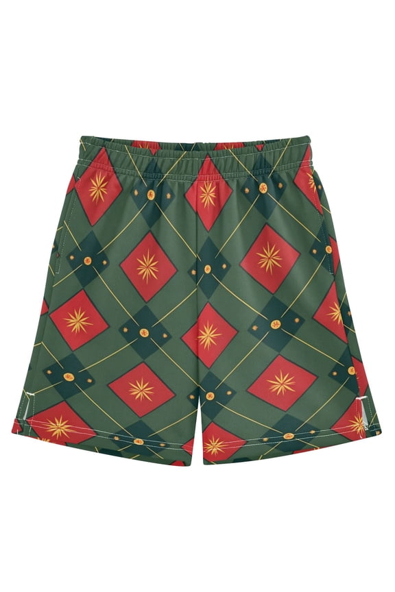 Red Green Grid Pattern Athletic Shorts Breathable with Comfort Fit Drawstring Casual Sweatshorts Small