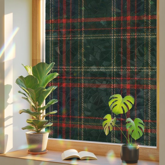Red Green Grid Window Privacy Film, Christmas Vintage Gingham Lines Plaid Static Cling Stained Glass Window Sticker Decorative Removable Rainbow Film for Glass 29.5”x78.7”