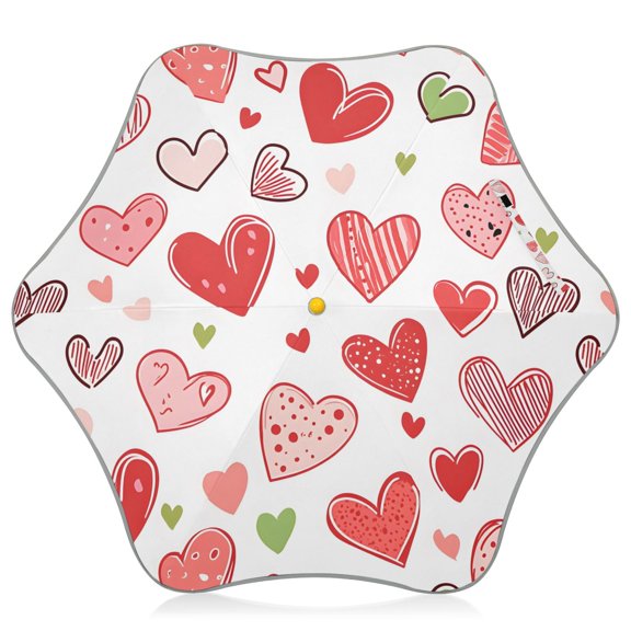 Red Green Hearts Pattern Kids Umbrella Rain Umbrella Clear Grip Handle Folding Umbrellas UV50+ 35in