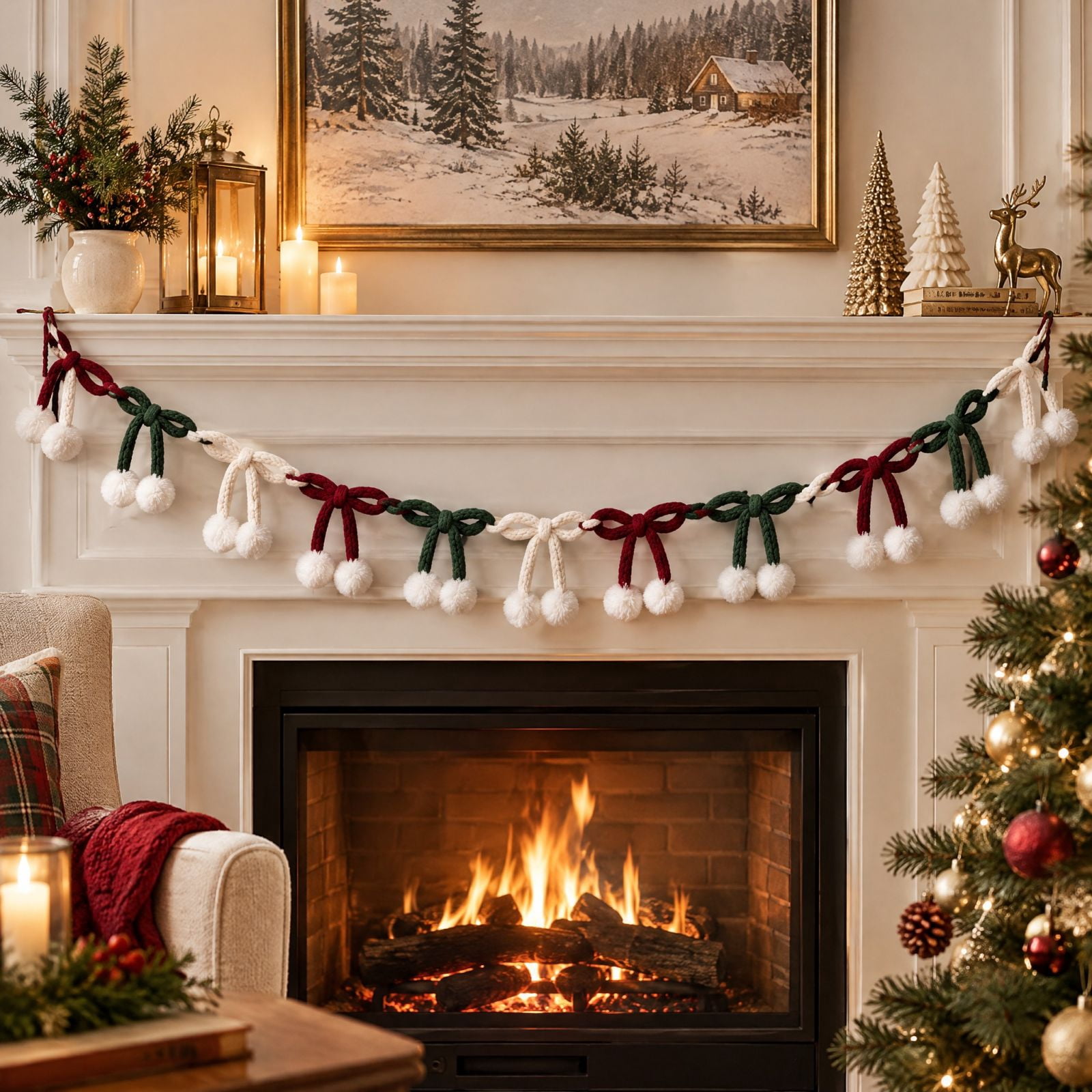 Red Green Ivory Crochet Bow Christmas Garland, 6 ft Fabric Bow Banner ...