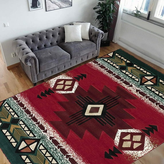 Red,Green, Ivory and Multi Modern Contemporary Cabin Area Rug