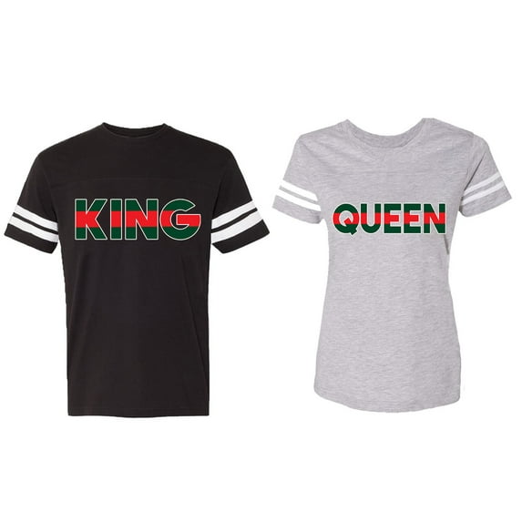 Red Green King Queen Matching Couple Cotton Jerseys (Men Black / Women Heather) (Men S / Women M)