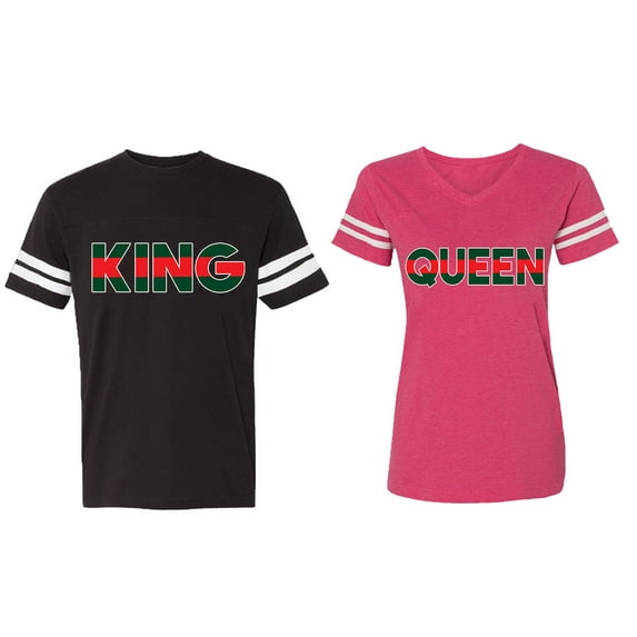 Red Green King Queen Matching Couple Cotton Jerseys (Men Black / Women Pink) (Men L / Women M)