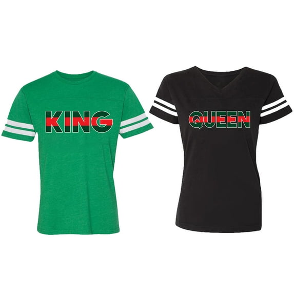 Red Green King Queen Matching Couple Cotton Jerseys (Men Green / Women Black) (Men XXL / Women L)