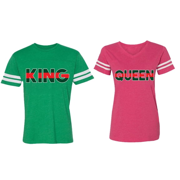 Red Green King Queen Matching Couple Cotton Jerseys (Men Green / Women Pink) (Men XXL / Women XL)