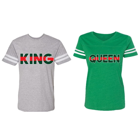 Red Green King Queen Matching Couple Cotton Jerseys (Men Heather / Women Green) (Men L / Women XL)