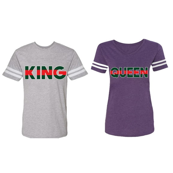Red Green King Queen Matching Couple Cotton Jerseys (Men Heather / Women Purple) (Men XL / Women L)