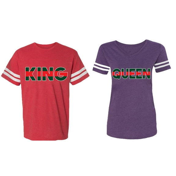 Red Green King Queen Matching Couple Cotton Jerseys (Men Red / Women Purple) (Men S / Women S)