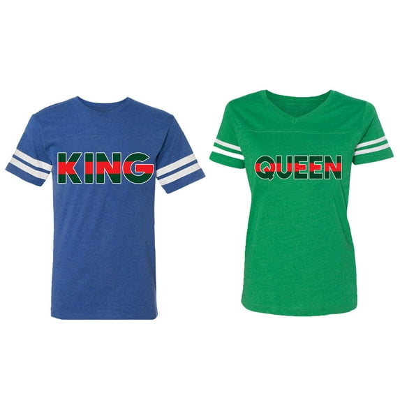 Red Green King Queen Matching Couple Cotton Jerseys (Men Royal / Women Green) (Men S / Women S)