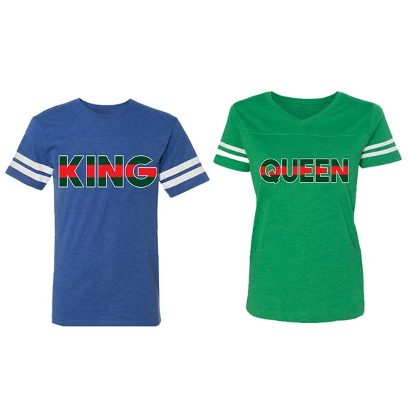 Red Green King Queen Matching Couple Cotton Jerseys (Men Royal / Women Green) (Men XXL / Women S)