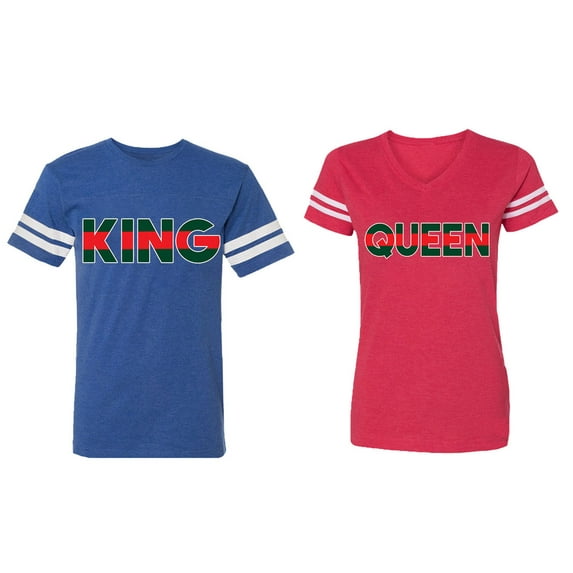 Red Green King Queen Matching Couple Cotton Jerseys (Men Royal / Women Red) (Men XXL / Women M)