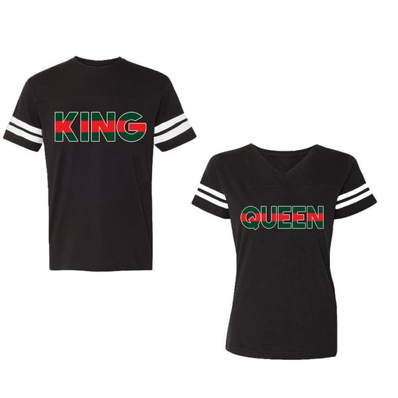 Red Green King Queen Unisex Couple Matching Cotton Jersey style T-Shirt Contrasting stripes on sleeves (Men Black / Women Black) (Men S / Women S)