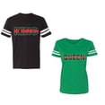 thumbnail image 1 of Red Green King Queen Unisex Couple Matching Cotton Jersey style T-Shirt Contrasting stripes on sleeves (Men Black / Women Green) (Men XXL / Women M), 1 of 3