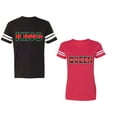 thumbnail image 1 of Red Green King Queen Unisex Couple Matching Cotton Jersey style T-Shirt Contrasting stripes on sleeves (Men Black / Women Red) (Men L / Women M), 1 of 3