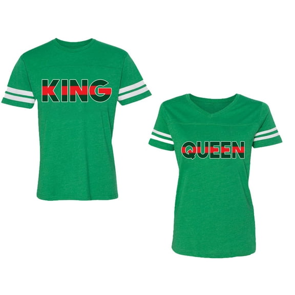 Red Green King Queen Unisex Couple Matching Cotton Jersey style T-Shirt Contrasting stripes on sleeves (Men Green / Women Green) (Men S / Women XXL)