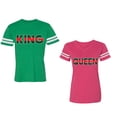 thumbnail image 1 of Red Green King Queen Unisex Couple Matching Cotton Jersey style T-Shirt Contrasting stripes on sleeves (Men Green / Women Pink) (Men L / Women M), 1 of 3