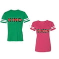 thumbnail image 1 of Red Green King Queen Unisex Couple Matching Cotton Jersey style T-Shirt Contrasting stripes on sleeves (Men Green / Women Pink) (Men S / Women XXL), 1 of 3