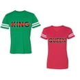 thumbnail image 1 of Red Green King Queen Unisex Couple Matching Cotton Jersey style T-Shirt Contrasting stripes on sleeves (Men Green / Women Red) (Men M / Women XL), 1 of 3