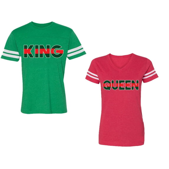 Red Green King Queen Unisex Couple Matching Cotton Jersey style T-Shirt Contrasting stripes on sleeves (Men Green / Women Red) (Men XXL / Women L)