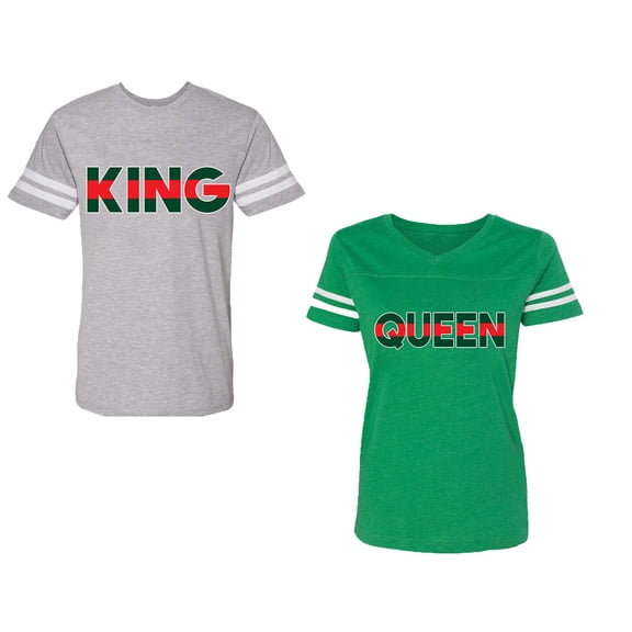 Red Green King Queen Unisex Couple Matching Cotton Jersey style T-Shirt Contrasting stripes on sleeves (Men Heather / Women Green) (Men L / Women L)