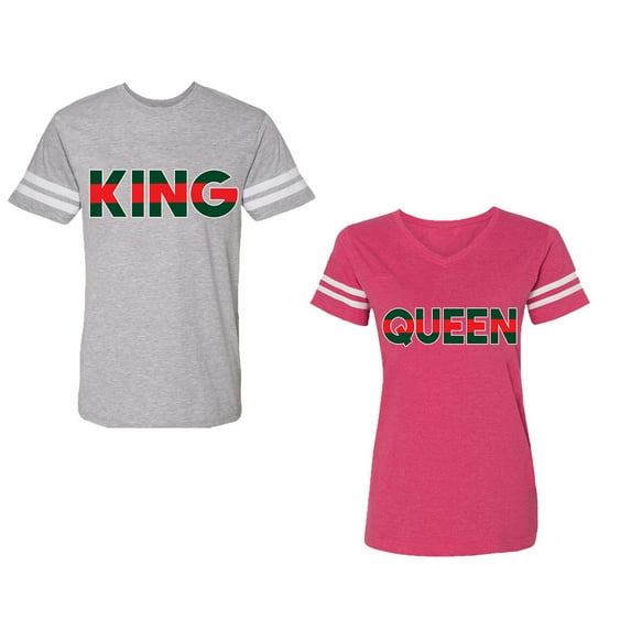 Red Green King Queen Unisex Couple Matching Cotton Jersey style T-Shirt Contrasting stripes on sleeves (Men Heather / Women Pink) (Men L / Women M)