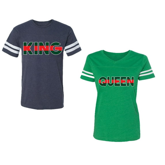Red Green King Queen Unisex Couple Matching Cotton Jersey style T-Shirt Contrasting stripes on sleeves (Men Navy / Women Green) (Men M / Women M)
