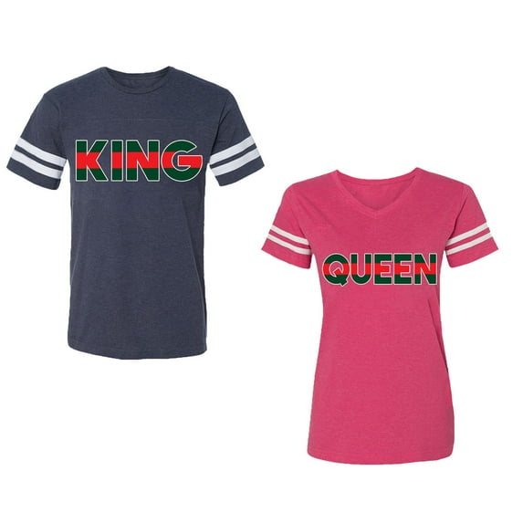 Red Green King Queen Unisex Couple Matching Cotton Jersey style T-Shirt Contrasting stripes on sleeves (Men Navy / Women Pink) (Men M / Women XL)