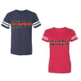 thumbnail image 1 of Red Green King Queen Unisex Couple Matching Cotton Jersey style T-Shirt Contrasting stripes on sleeves (Men Navy / Women Red) (Men XL / Women XXL), 1 of 3