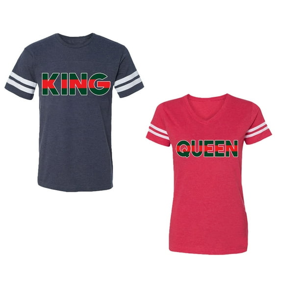 Red Green King Queen Unisex Couple Matching Cotton Jersey style T-Shirt Contrasting stripes on sleeves (Men Navy / Women Red) (Men XL / Women XXL)
