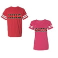 thumbnail image 1 of Red Green King Queen Unisex Couple Matching Cotton Jersey style T-Shirt Contrasting stripes on sleeves (Men Red / Women Pink) (Men L / Women XXL), 1 of 3