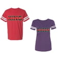 thumbnail image 1 of Red Green King Queen Unisex Couple Matching Cotton Jersey style T-Shirt Contrasting stripes on sleeves (Men Red / Women Purple) (Men XL / Women S), 1 of 3