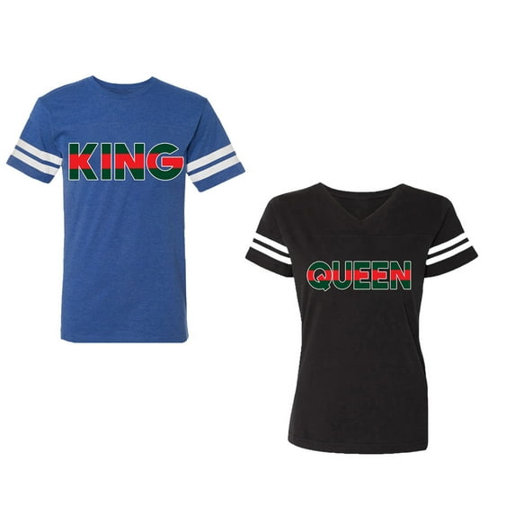 Red Green King Queen Unisex Couple Matching Cotton Jersey style T-Shirt Contrasting stripes on sleeves (Men Royal / Women Black) (Men S / Women L)