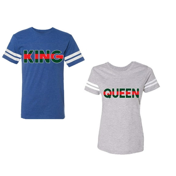 Red Green King Queen Unisex Couple Matching Cotton Jersey style T-Shirt Contrasting stripes on sleeves (Men Royal / Women Heather) (Men XL / Women L)