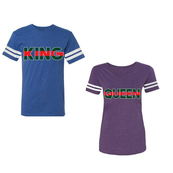 Red Green King Queen Unisex Couple Matching Cotton Jersey style T-Shirt Contrasting stripes on sleeves (Men Royal / Women Purple) (Men S / Women L)