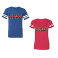thumbnail image 1 of Red Green King Queen Unisex Couple Matching Cotton Jersey style T-Shirt Contrasting stripes on sleeves (Men Royal / Women Red) (Men XL / Women XXL), 1 of 3