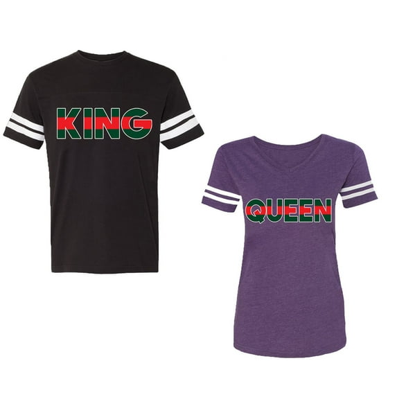 Red Green King Queen Unisex Couple Matching Cotton Jersey style T-Shirt Contrasting stripes on sleeves (Men Black / Women Purple) (Men XXL / Women XL)