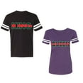 thumbnail image 1 of Red Green King Queen Unisex Couple Matching Cotton Jersey style T-Shirt Contrasting stripes on sleeves (Men Black / Women Purple) (Men XXL / Women XXL), 1 of 3