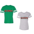 thumbnail image 1 of Red Green King Queen Unisex Couple Matching Cotton Jersey style T-Shirt Contrasting stripes on sleeves (Men Green / Women Heather) (Men XXXL / Women XXL), 1 of 3