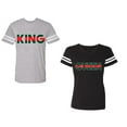 thumbnail image 1 of Red Green King Queen Unisex Couple Matching Cotton Jersey style T-Shirt Contrasting stripes on sleeves (Men Heather / Women Black) (Men XL / Women XXL), 1 of 3