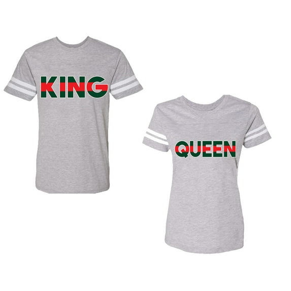 Red Green King Queen Unisex Couple Matching Cotton Jersey style T-Shirt Contrasting stripes on sleeves (Men Heather / Women Heather) (Men M / Women XXL)