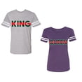 thumbnail image 1 of Red Green King Queen Unisex Couple Matching Cotton Jersey style T-Shirt Contrasting stripes on sleeves (Men Heather / Women Purple) (Men XXL / Women S), 1 of 3
