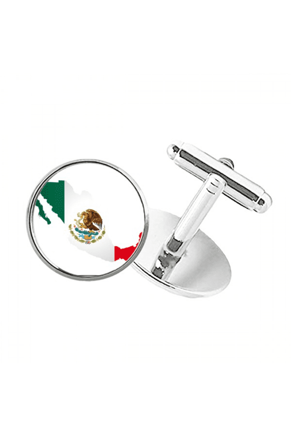 Red Green Mexico Map Emblem Eagle Eat Snake Round Button Cuff Clip Stud Cufflinks