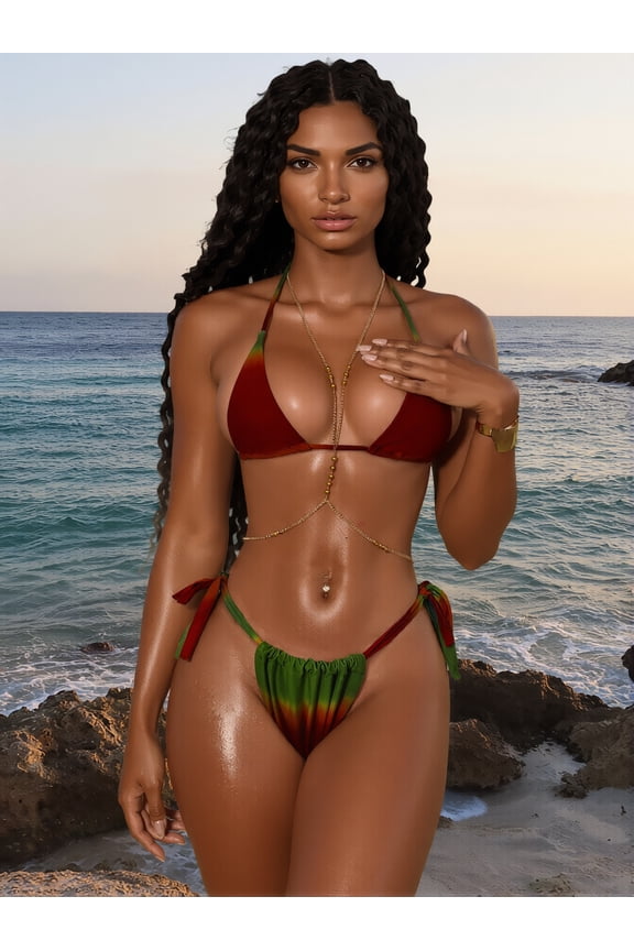 Red-Green Ombre Body Chain Halter Bikini