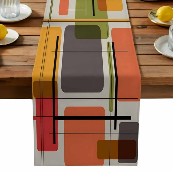 Red Green Orange Color Block Table Runner, Square Geometric Abstract Art Kitchen Table Runners Dress Scarves for Table Decorations Party/Restaurant/Indoor Outdoor Use, 13x36in