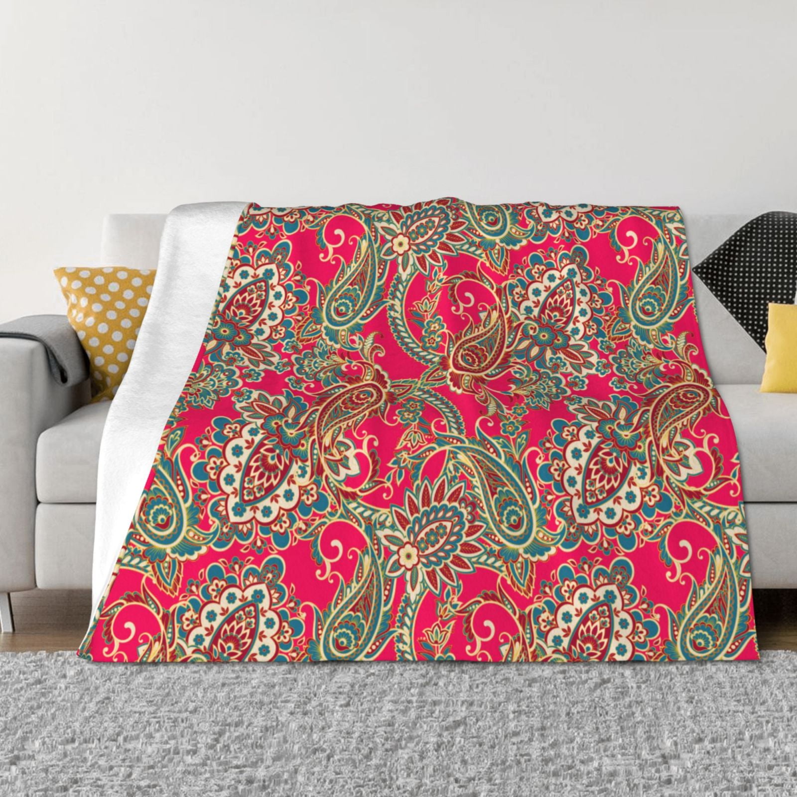Red Green Paisley Throw Blanket for Couch, Soft Comfy Warm Plush Throw