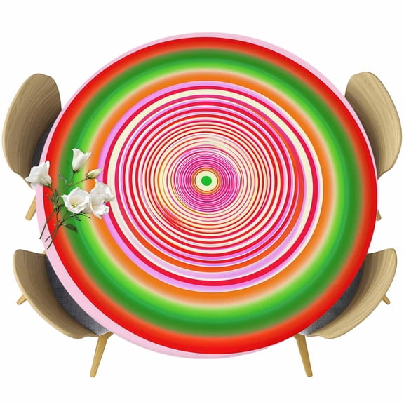 Red Green Pink Circle Round Tablecloth 36-44 Inch Round Fitted Table Cloth with Elastic Edge, Stripes Modern Farmhouse Art Waterproof Table Cover Protector for Outdoor Picnic Party Dining