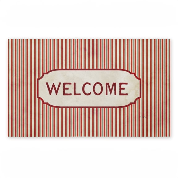 Red & Green Pinstripes Welcome Printed Outdoor Door Mat, design by Tim Coffey, 18"x30"