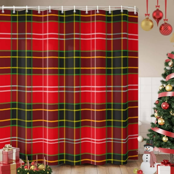 Red Green Pladi Shower Curtain, Winter Christmas Striped Plaid Waterproof Fabric Shower Curtains with 12 Hooks, Bathroom Curtain Set for Bathroom Accessories Decor, 36 x 72 Inches
