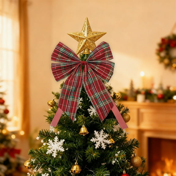 Red and Green Plaid Christmas Bow – Traditional Tartan Holiday Tree Decoration for Wreaths Gift Wrapping Mantel Garland Indoor Home Party Festive Accent Bow